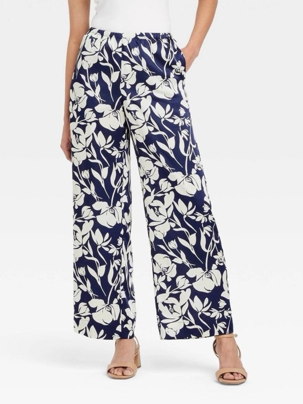 Mid-rise Satin Pants W/ Elastic Waistband & Drawstring- Floral Navy-Medium